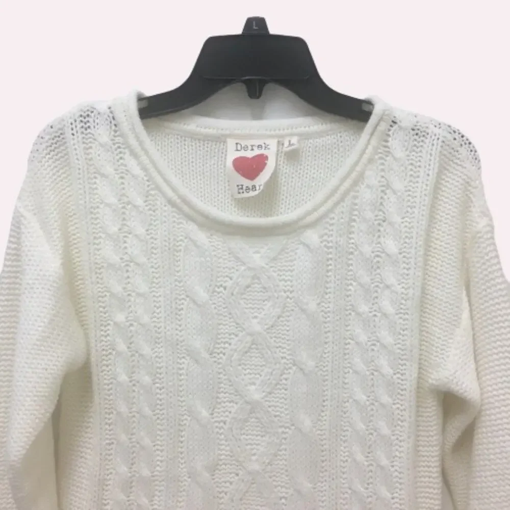 Derek Heart Off White Cable Knit Hi/Low Sweater, L - Picture 2 of 4